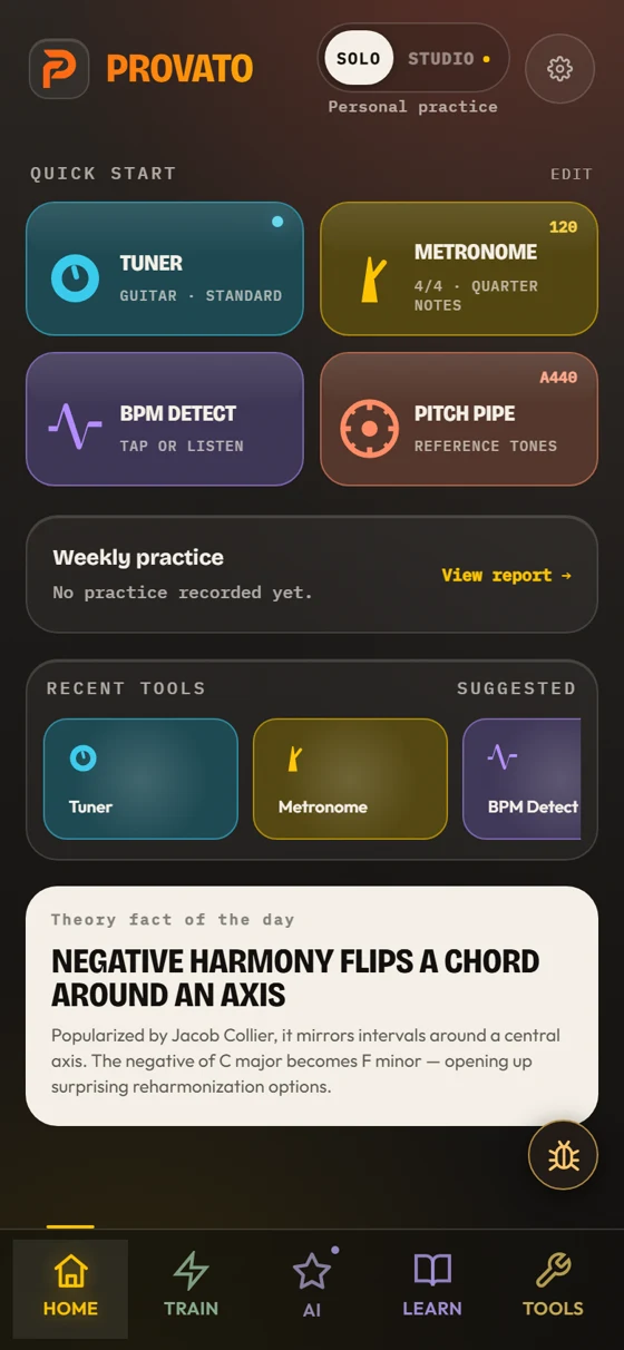 Provato Home: free Quick Start tools, Weekly Practice, and recent tools