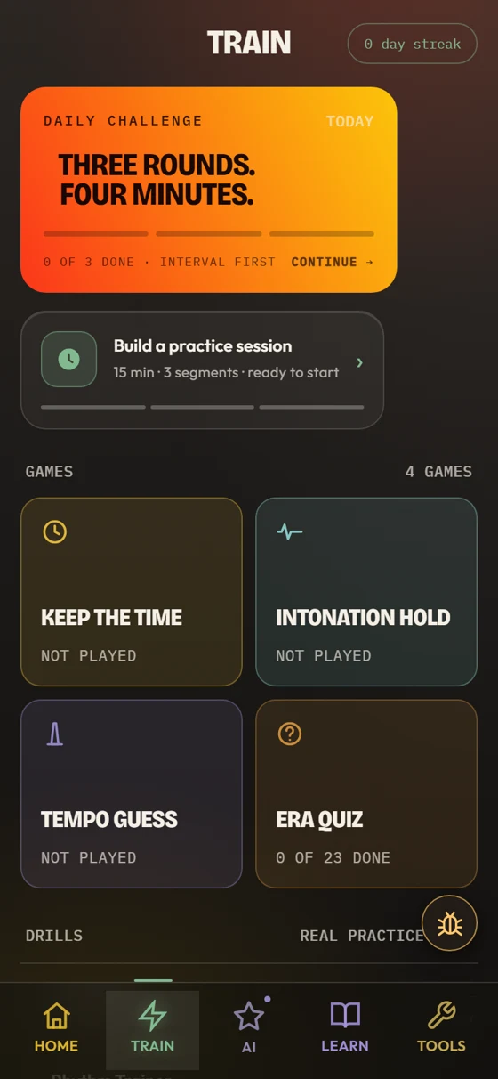 Provato Train: daily challenge, session builder, Keep the Time, Intonation Hold, Tempo Guess, and Era Quiz